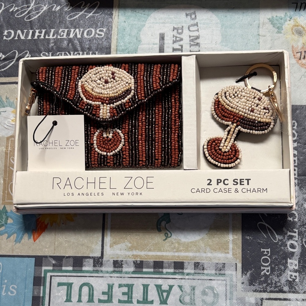 Rachel Zoe Brown and Cream Beaded Card Case Set